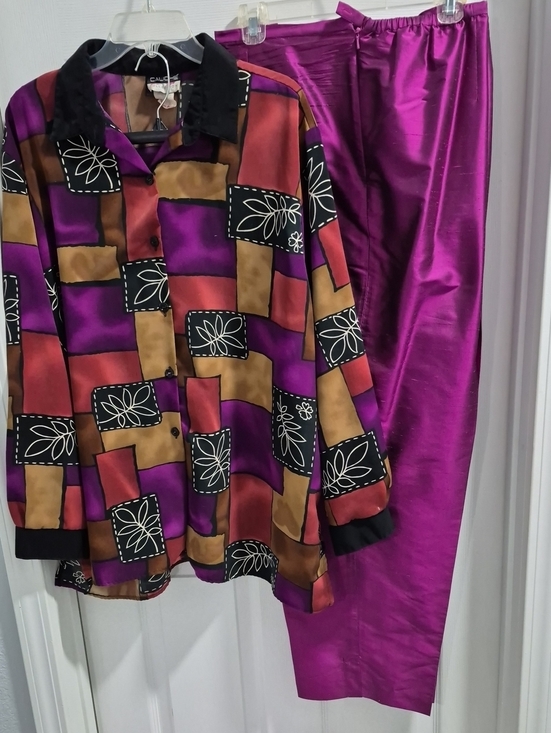 Valerie Stevens Jackets & Blazers - Casual Patchwork Satin Top- Purple Multi And Matching Valerie Stevens Slacks